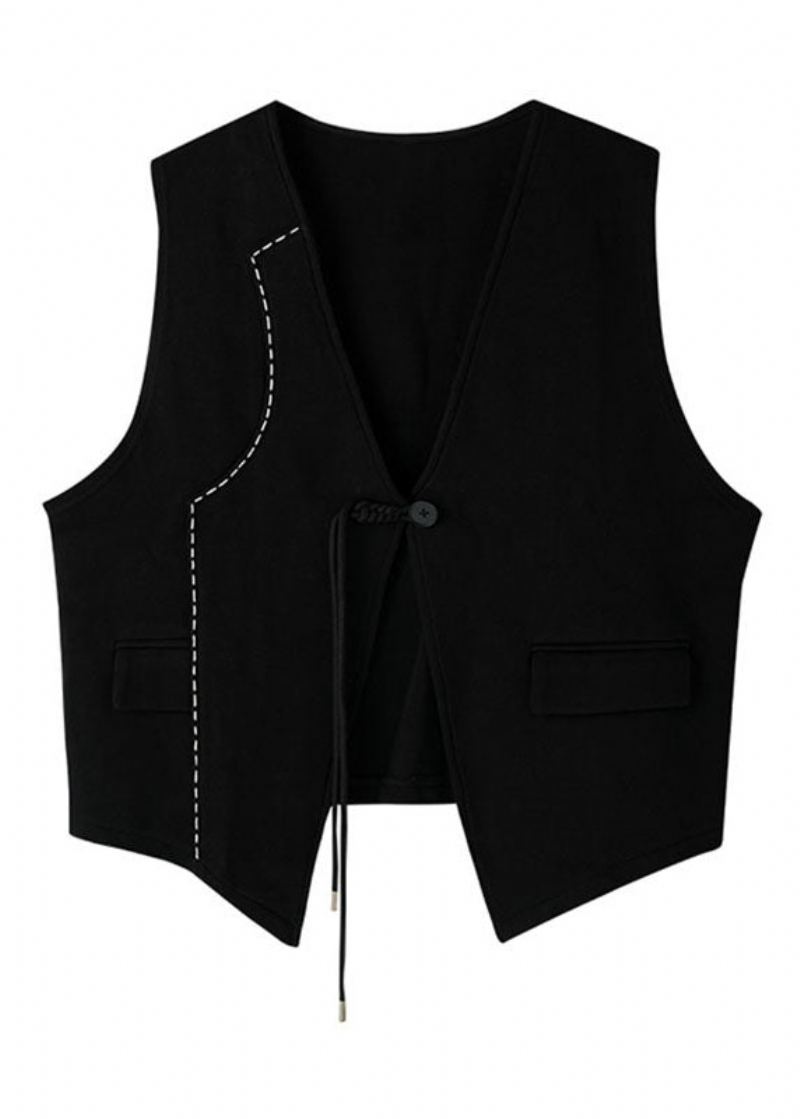 Slip Noir Patchwork Bouton Gilet Sans Manches - Manteaux d'hiver femmes