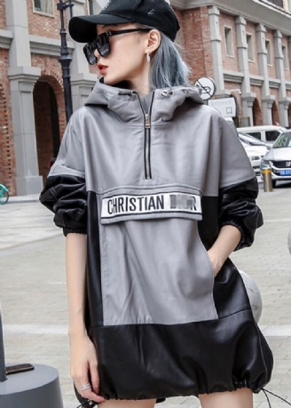 Streetwear Noir Gris À Capuche Patchwork Cordon En Cuir Pull Manteaux À Manches Longues