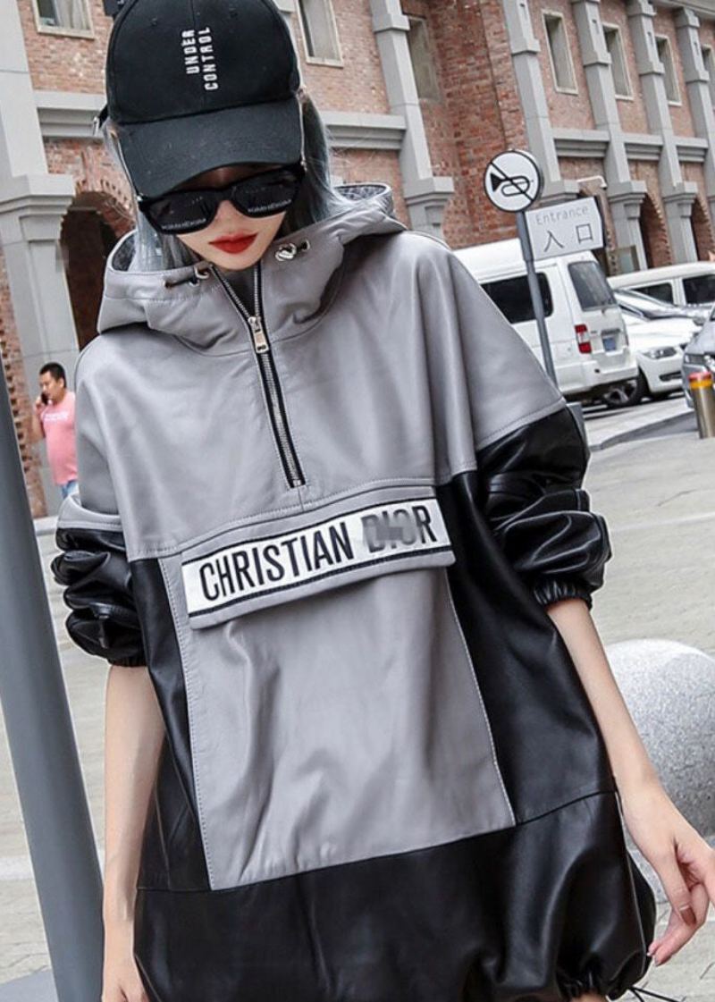 Streetwear Noir Gris À Capuche Patchwork Cordon En Cuir Pull Manteaux À Manches Longues - Manteaux d'hiver femmes