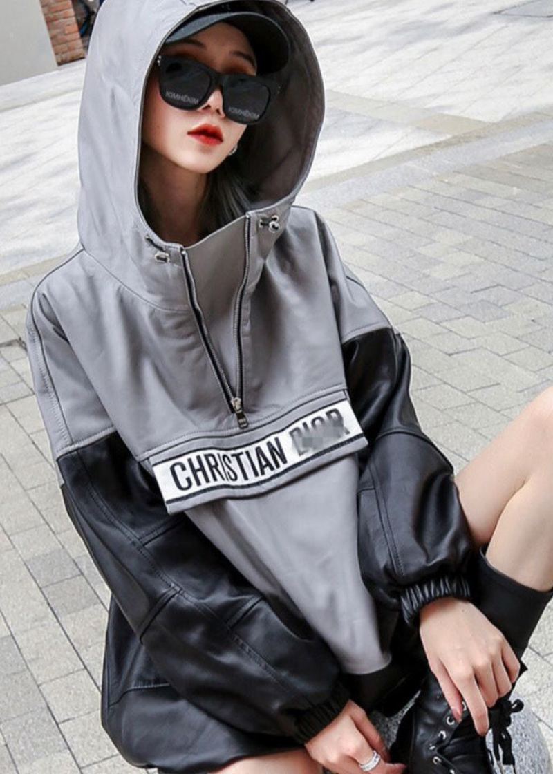 Streetwear Noir Gris À Capuche Patchwork Cordon En Cuir Pull Manteaux À Manches Longues - Manteaux d'hiver femmes