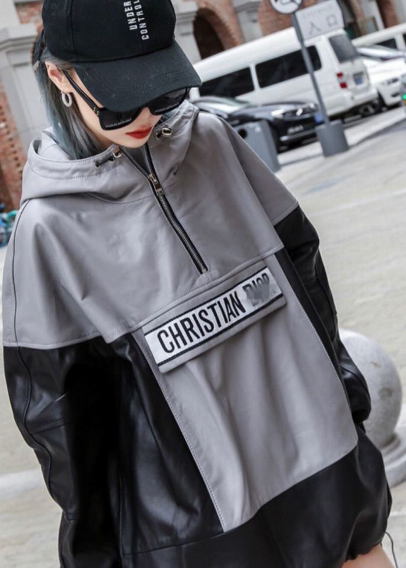 Streetwear Noir Gris À Capuche Patchwork Cordon En Cuir Pull Manteaux À Manches Longues - Manteaux d'hiver femmes