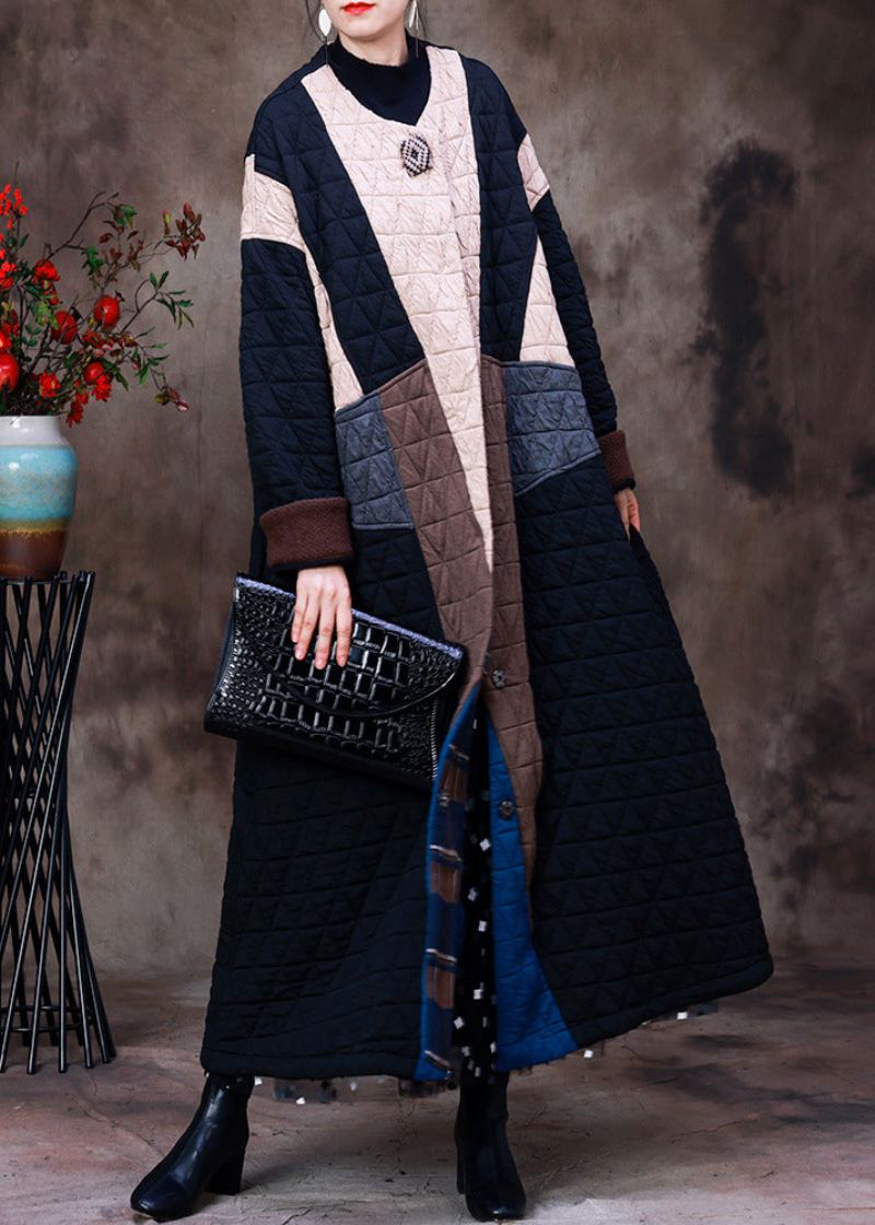 Style Abricot Couleur Noire Patchwork Col Rond Coton Épais Long Manteau À Manches Longues