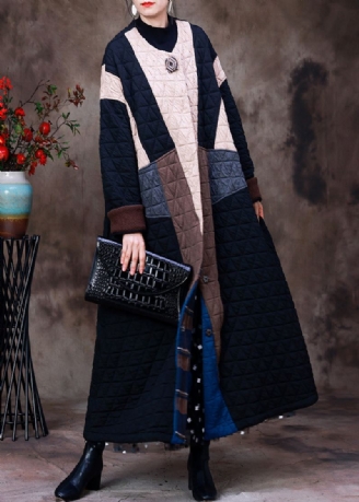 Style Abricot Couleur Noire Patchwork Col Rond Coton Épais Long Manteau À Manches Longues