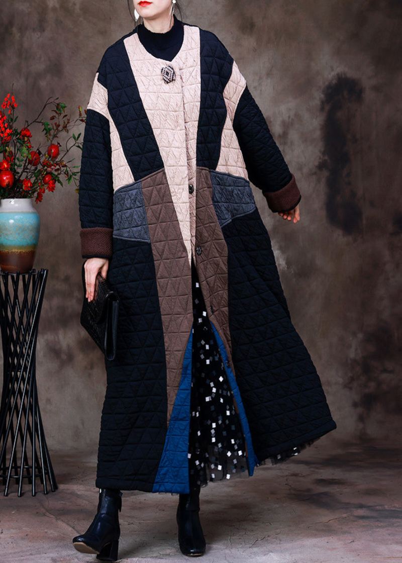 Style Abricot Couleur Noire Patchwork Col Rond Coton Épais Long Manteau À Manches Longues - Manteaux d'hiver femmes