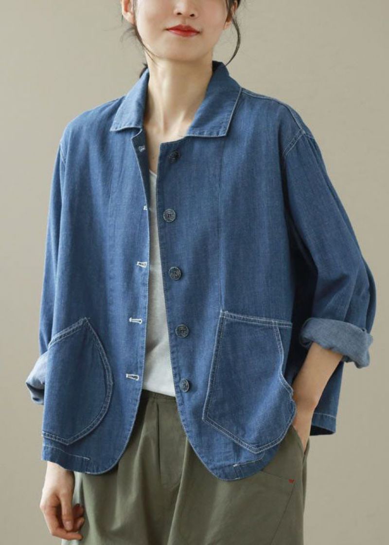 Style Bleu Col Claudine Poches Patchwork Denim Manteaux Printemps