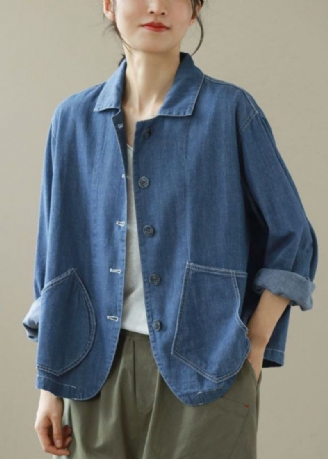 Style Bleu Col Claudine Poches Patchwork Denim Manteaux Printemps