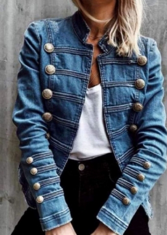 Style Bleu Double Boutonnage Patchwork Coupe Ajustée Denim Manteau Printemps