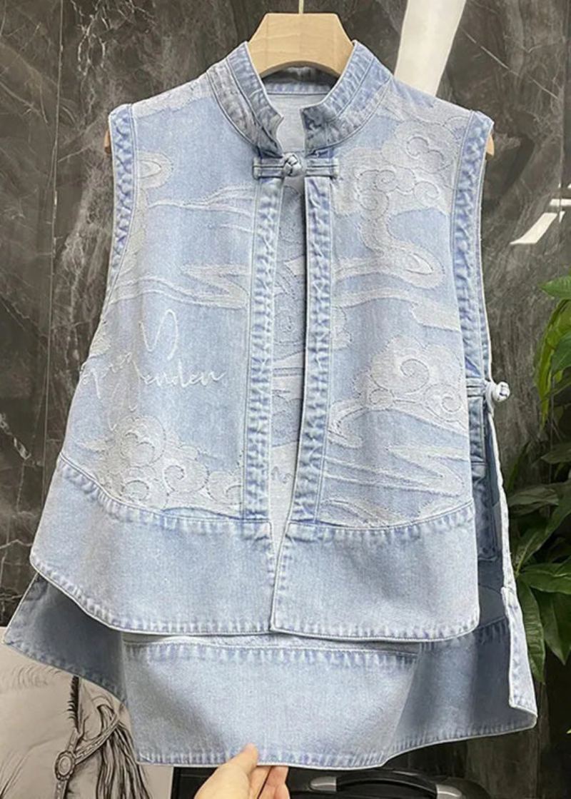 Style Chinois Bleu Col Montant Imprimé Patchwork Bas Haute Conception Denim Gilet Été