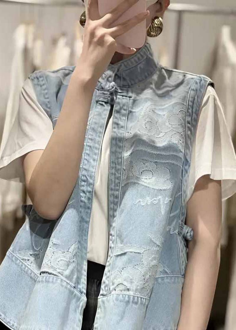 Style Chinois Bleu Col Montant Imprimé Patchwork Bas Haute Conception Denim Gilet Été - Manteaux d'hiver femmes