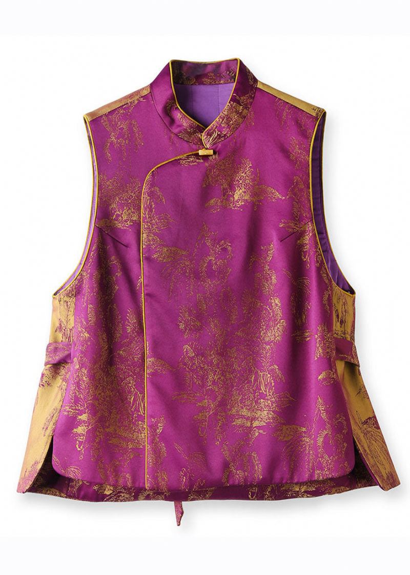 Style Chinois Décontracté Violet Col Montant Imprimé Patchwork Cravate Taille Chaude Soie Coton Gilet Automne - Manteaux d'hiver femmes