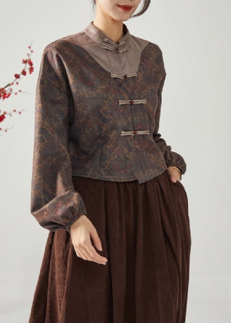 Style Chinois Marron Col Montant Patchwork Bouton Veste En Soie Printemps