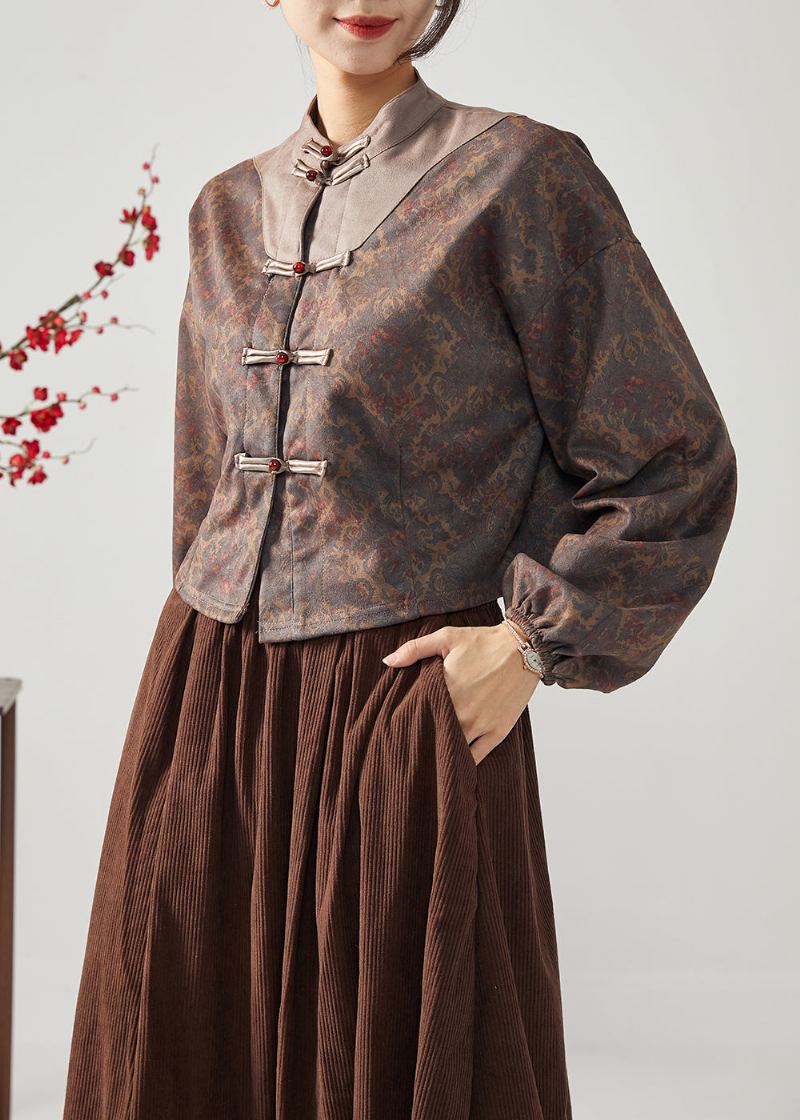 Style Chinois Marron Col Montant Patchwork Bouton Veste En Soie Printemps - Manteaux d'hiver femmes