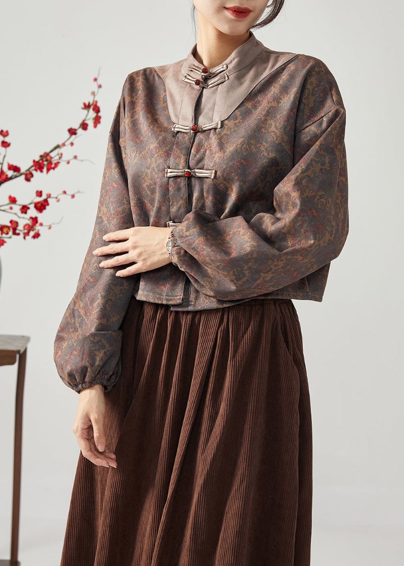 Style Chinois Marron Col Montant Patchwork Bouton Veste En Soie Printemps - Manteaux d'hiver femmes