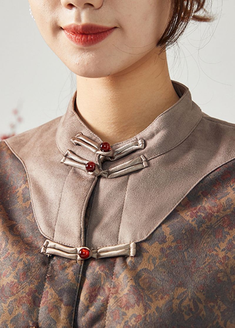 Style Chinois Marron Col Montant Patchwork Bouton Veste En Soie Printemps - Manteaux d'hiver femmes