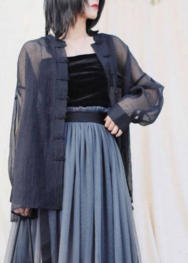 Style Chinois Noir Col Mandarin Bouton Poches Tulle Manteau Printemps - Noir