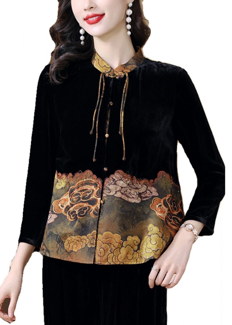 Style Chinois Noir Col Montant Imprimé Patchwork Soie Velours Vestes Printemps - Manteaux d'hiver femmes