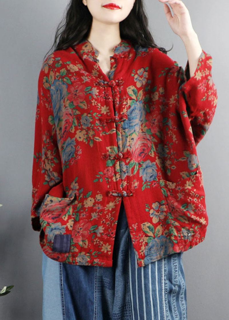 Style Chinois Rouge Imprimé Poches Bouton Patchwork Coton Manteaux À Manches Longues - Manteaux d'hiver femmes