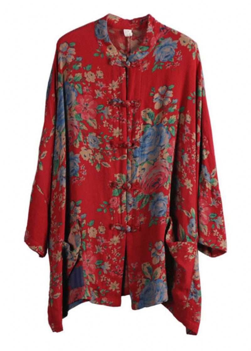 Style Chinois Rouge Imprimé Poches Bouton Patchwork Coton Manteaux À Manches Longues - Manteaux d'hiver femmes