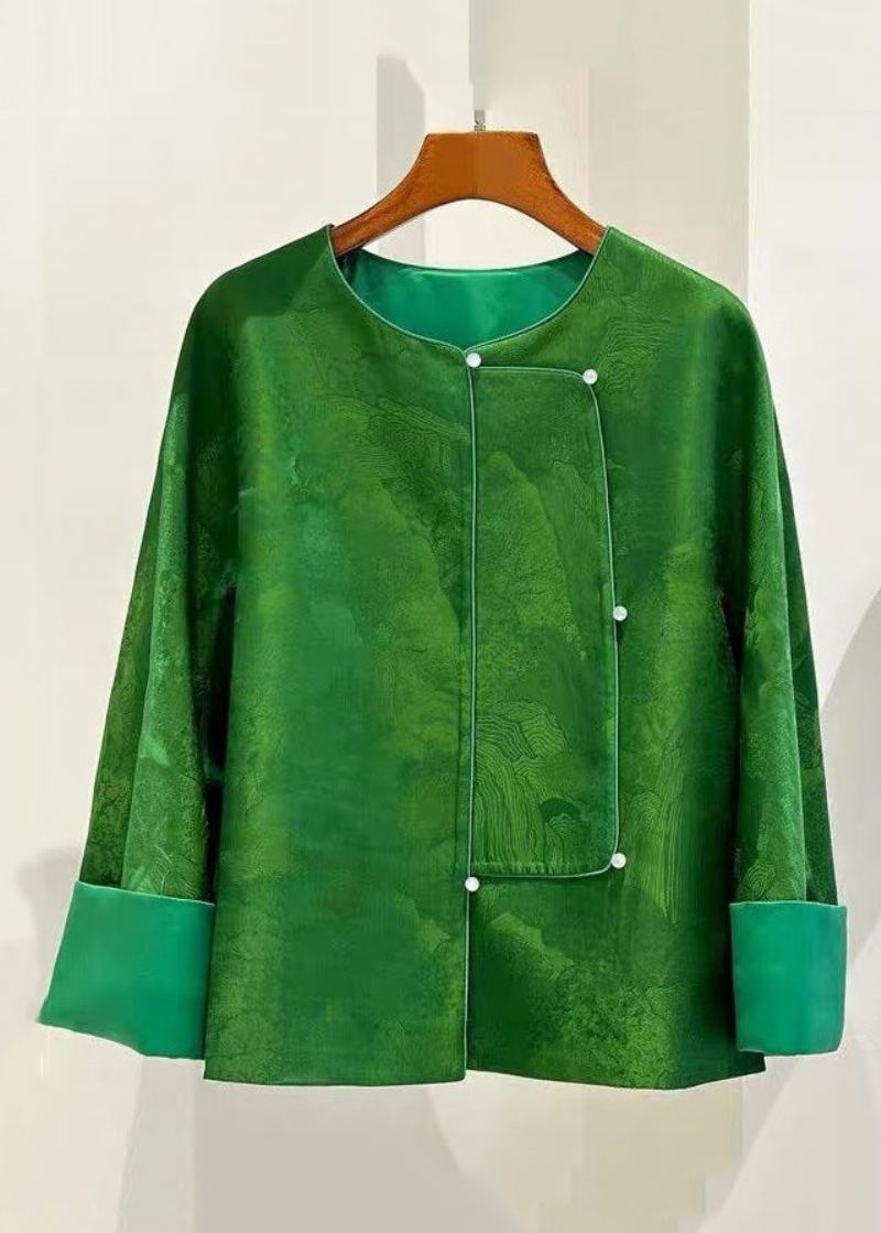 Style Chinois Vert Col Rond Bouton Manteaux En Soie À Manches Longues - Manteaux d'hiver femmes