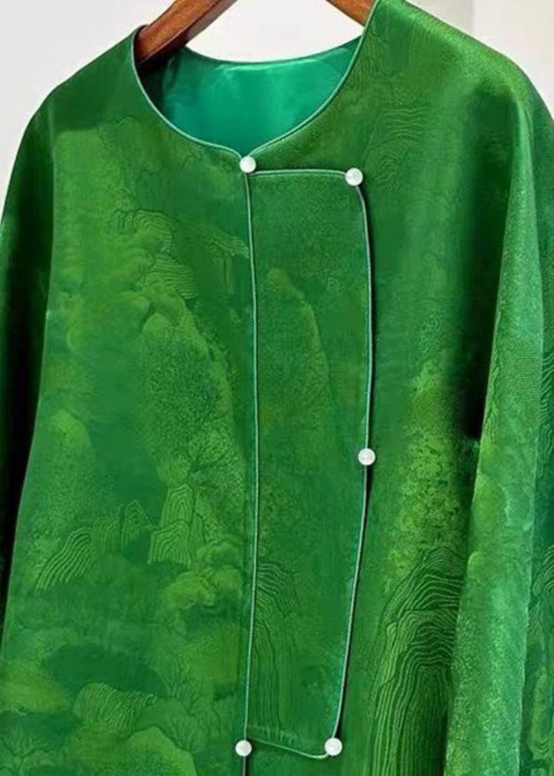 Style Chinois Vert Col Rond Bouton Manteaux En Soie À Manches Longues - Manteaux d'hiver femmes