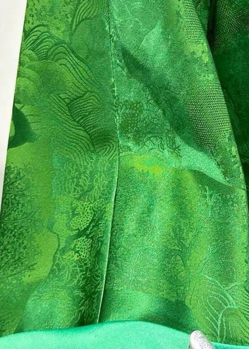 Style Chinois Vert Col Rond Bouton Manteaux En Soie À Manches Longues - Manteaux d'hiver femmes