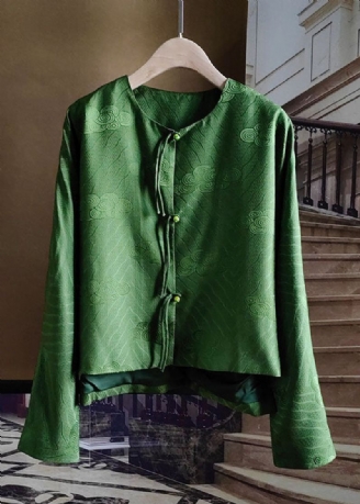 Style Chinois Vert Gland Bouton Jacquard Soie Manteaux Printemps