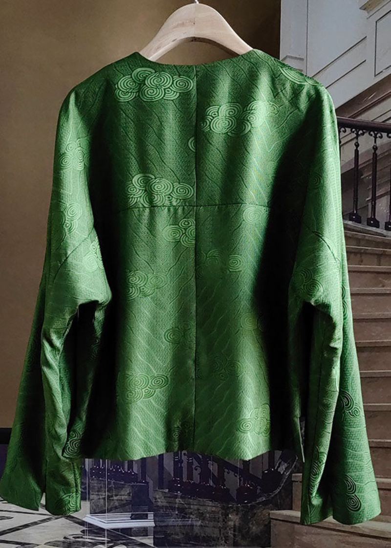 Style Chinois Vert Gland Bouton Jacquard Soie Manteaux Printemps - Manteaux d'hiver femmes