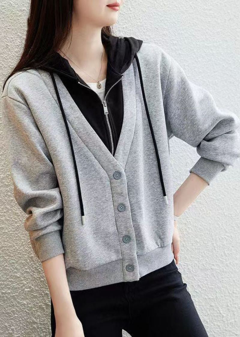 Style Gris Bouton Patchwork Faux Deux Pièces Coton Manteau À Capuche Automne