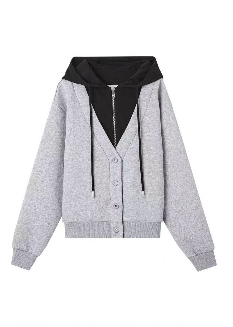 Style Gris Bouton Patchwork Faux Deux Pièces Coton Manteau À Capuche Automne - Manteaux d'hiver femmes