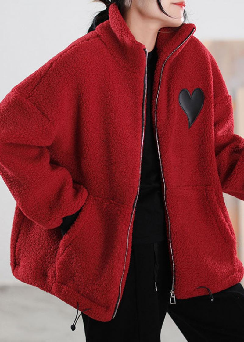 Style Manteau D'hiver En Fausse Fourrure Rouge Avec Poches Zippées