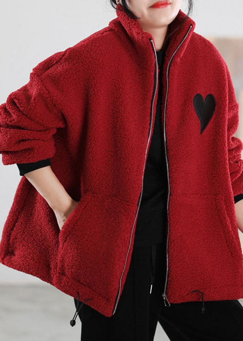 Style Manteau D'hiver En Fausse Fourrure Rouge Avec Poches Zippées - Manteaux d'hiver femmes