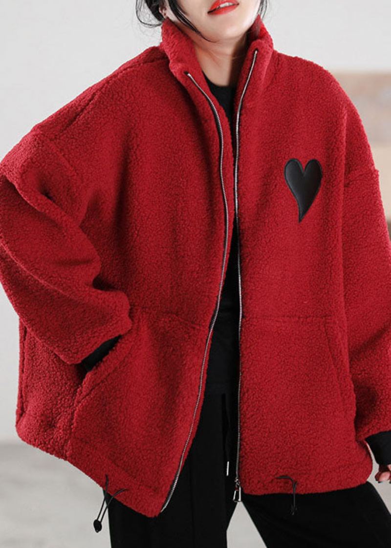 Style Manteau D'hiver En Fausse Fourrure Rouge Avec Poches Zippées - Manteaux d'hiver femmes