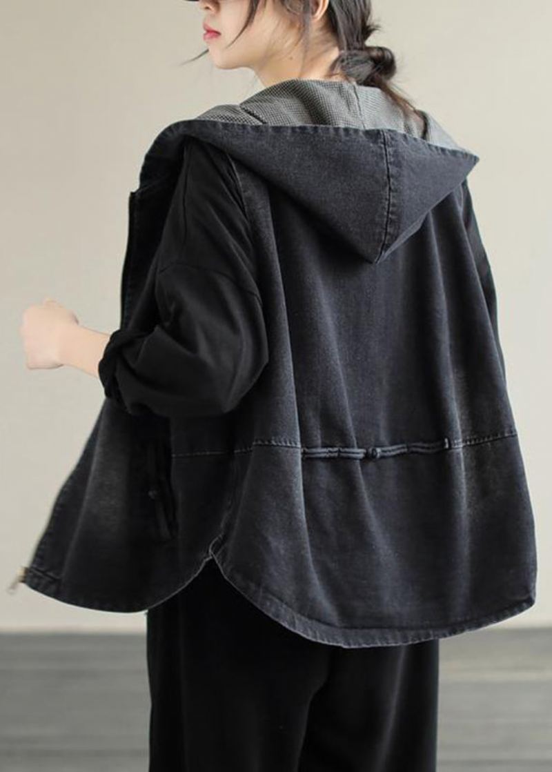 Style Manteau En Jean À Capuche Patchwork Zippé Noir Automne - Manteaux d'hiver femmes