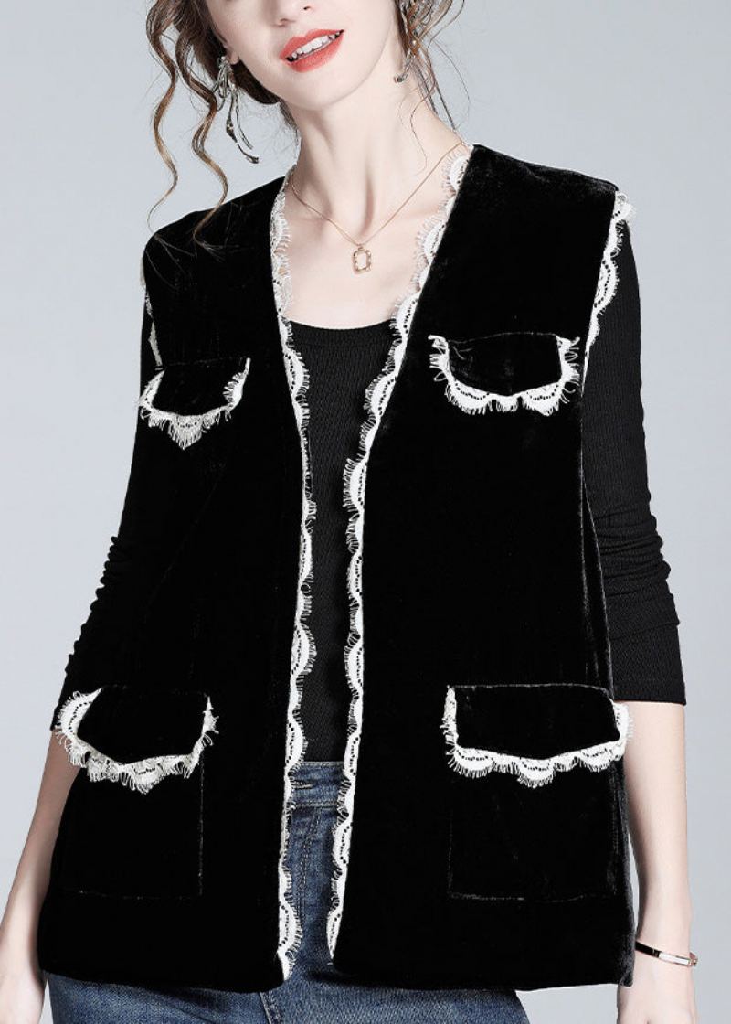 Style Noir Col En V Dentelle Patchwork Soie Velours Gilet Printemps - Manteaux d'hiver femmes