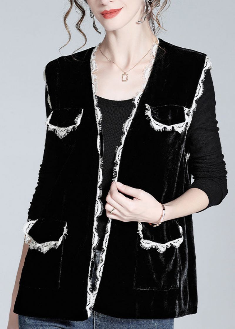 Style Noir Col En V Dentelle Patchwork Soie Velours Gilet Printemps - Manteaux d'hiver femmes