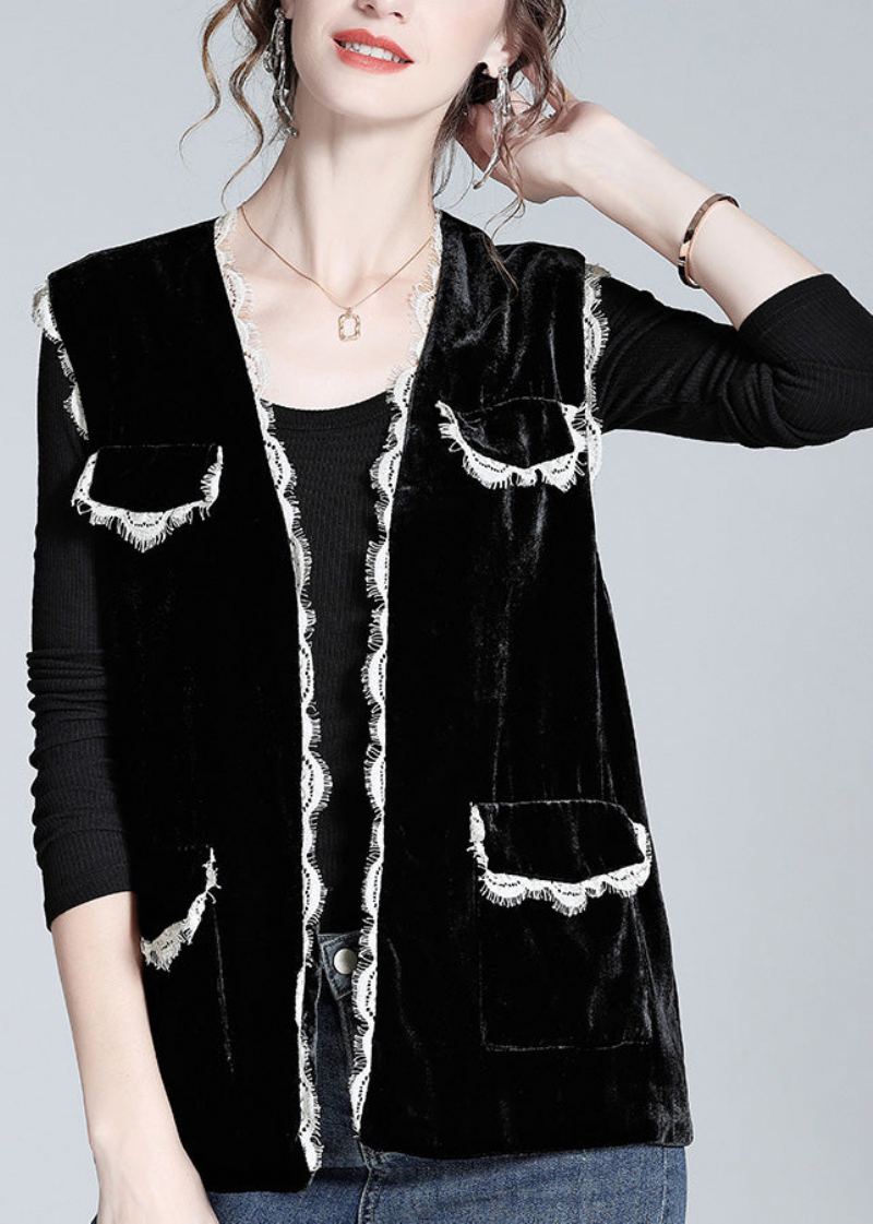 Style Noir Col En V Dentelle Patchwork Soie Velours Gilet Printemps - Manteaux d'hiver femmes