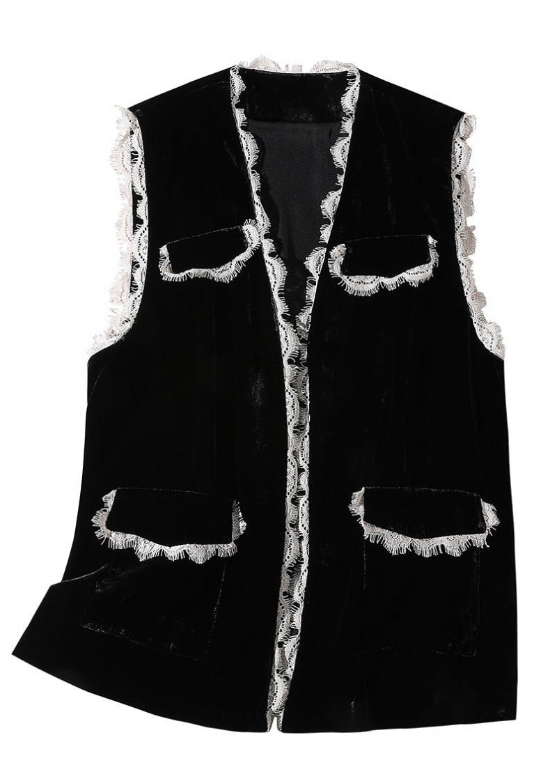 Style Noir Col En V Dentelle Patchwork Soie Velours Gilet Printemps - Manteaux d'hiver femmes