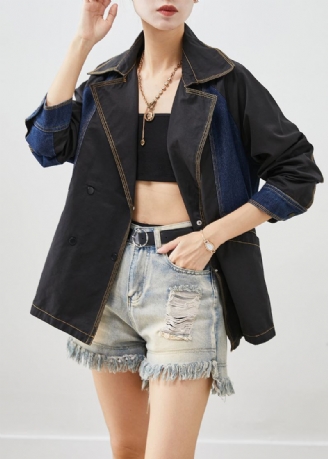 Style Noir Surdimensionné Denim Patchwork Vestes En Coton Automne