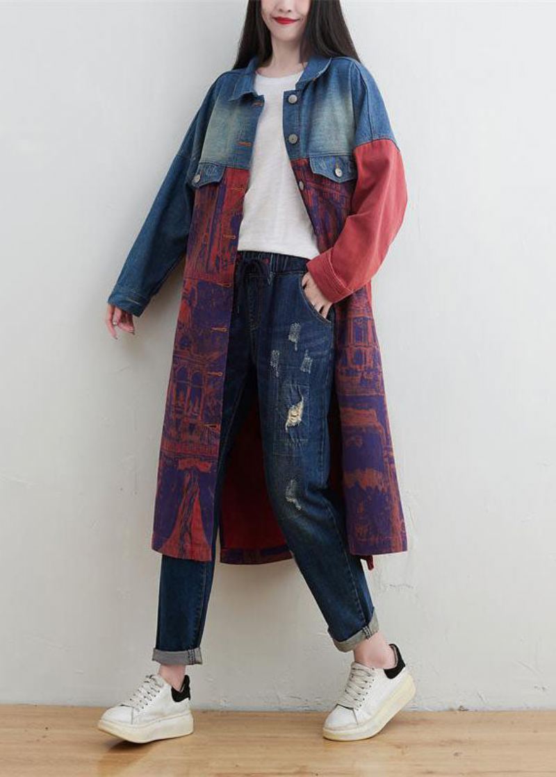 Style Rouge Col Claudine Patchwork Imprimé Denim Vêtements D'extérieur Printemps - Manteaux d'hiver femmes