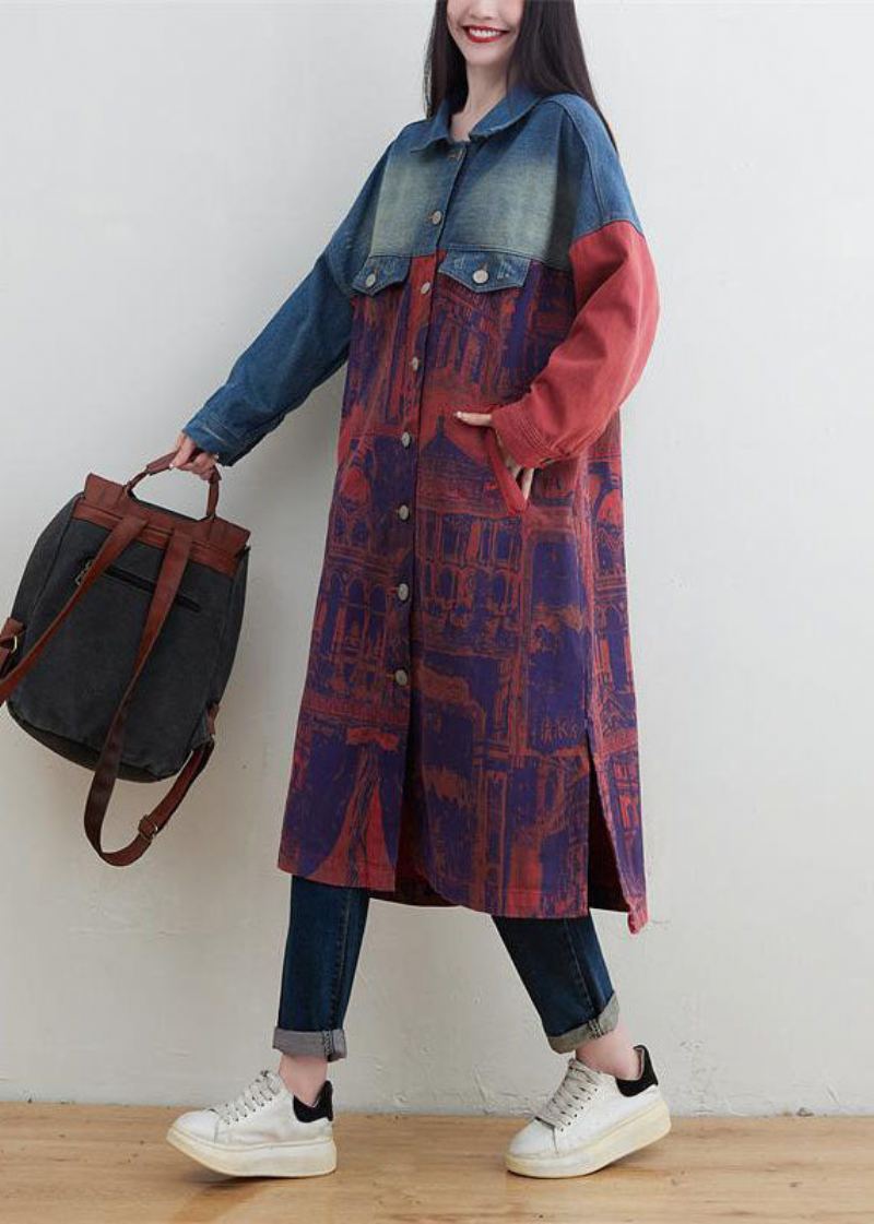 Style Rouge Col Claudine Patchwork Imprimé Denim Vêtements D'extérieur Printemps - Manteaux d'hiver femmes