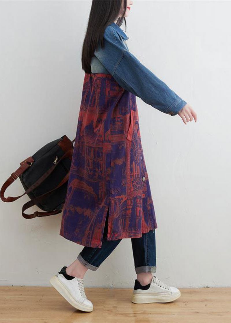 Style Rouge Col Claudine Patchwork Imprimé Denim Vêtements D'extérieur Printemps - Manteaux d'hiver femmes