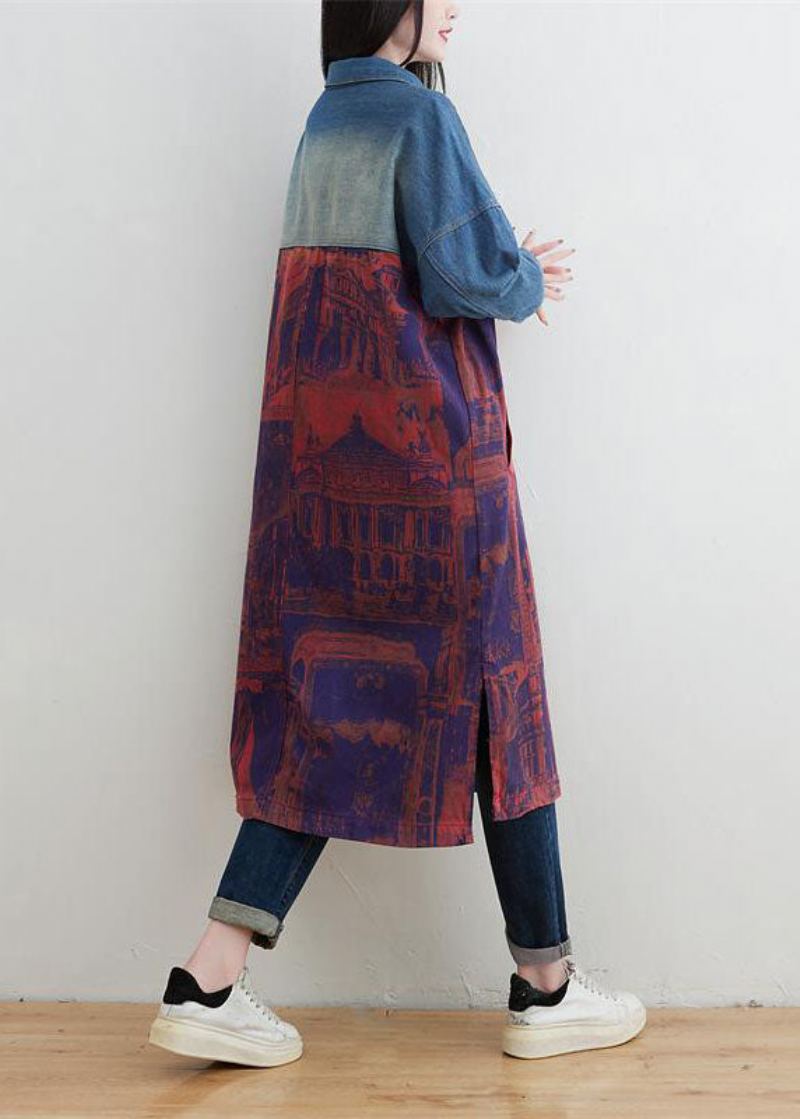 Style Rouge Col Claudine Patchwork Imprimé Denim Vêtements D'extérieur Printemps - Manteaux d'hiver femmes