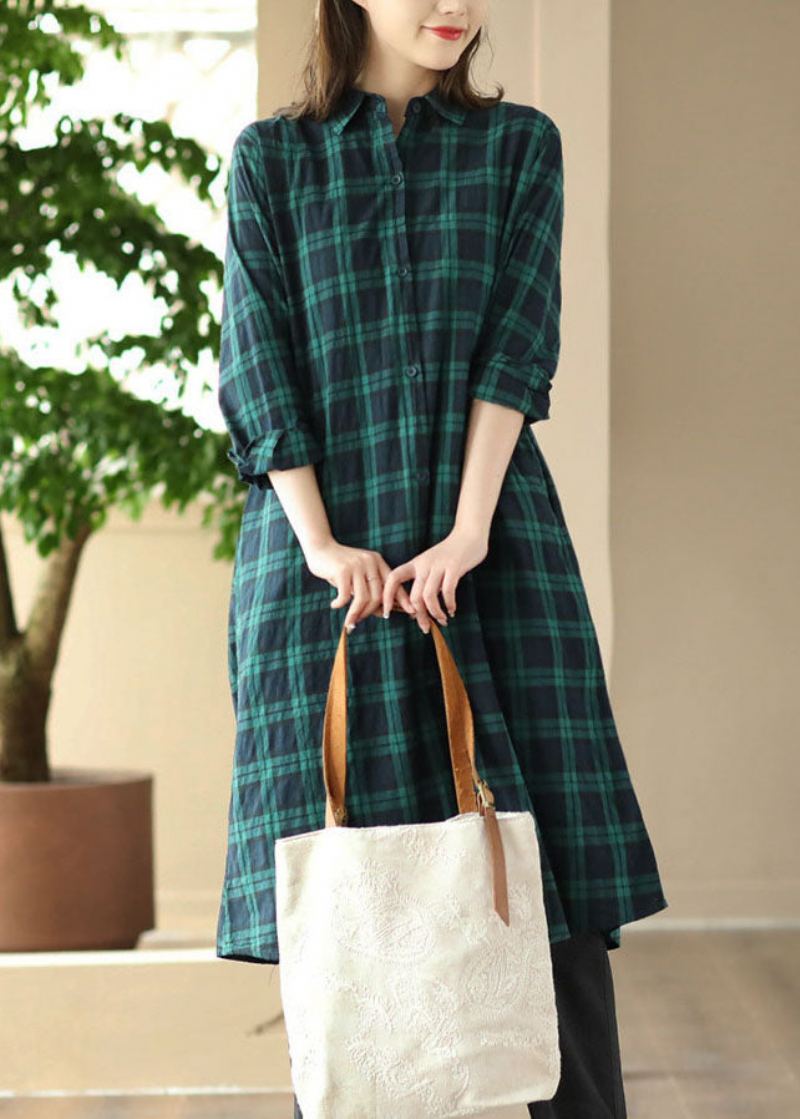 Style Vert Plaid Col Claudine Patchwork Chemises En Coton Manteau À Manches Longues - Manteaux d'hiver femmes