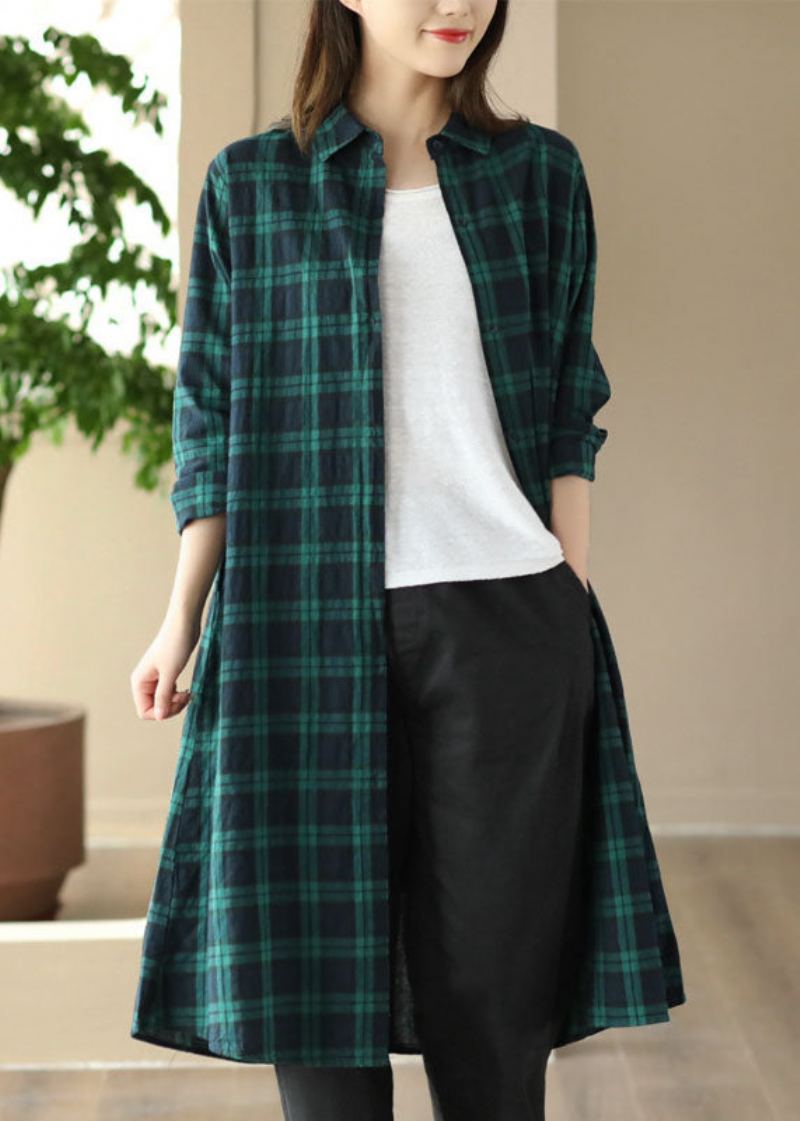 Style Vert Plaid Col Claudine Patchwork Chemises En Coton Manteau À Manches Longues - Manteaux d'hiver femmes