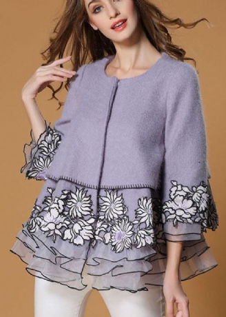 Style Violet Brodé Tulle Patchwork Automne Manteaux De Laine