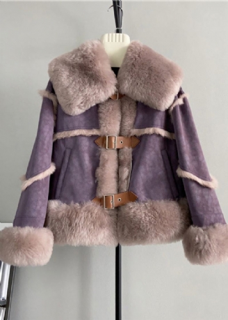 Style Violet Col Carré Poches Patchwork Manteau En Cuir Et Fourrure Hiver