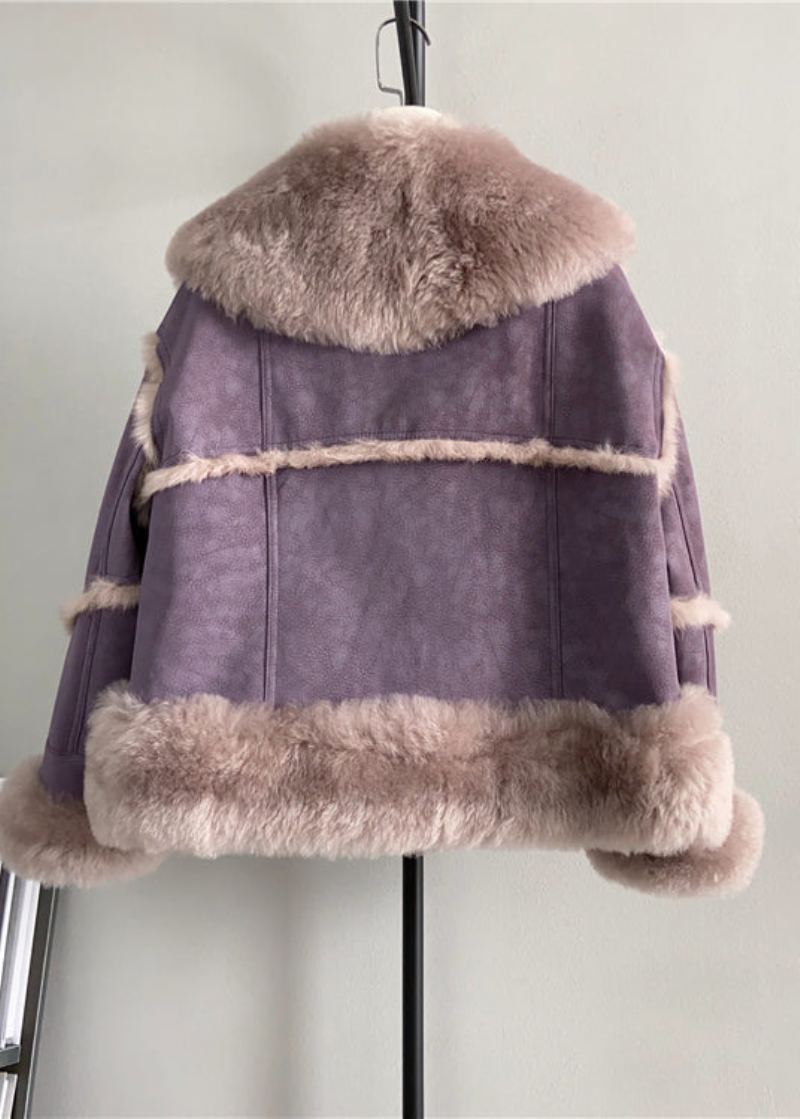 Style Violet Col Carré Poches Patchwork Manteau En Cuir Et Fourrure Hiver - Manteaux d'hiver femmes