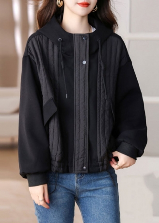 Sweat À Capuche En Coton Avec Cordon De Serrage Noir Simple Vêtements D'extérieur D'hiver