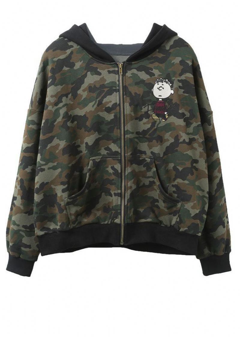 Sweat À Capuche En Coton Camouflage Décontracté Vert Zippé Patchwork Automne - Manteaux d'hiver femmes