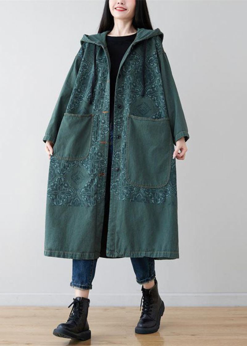 Sweat À Capuche En Denim Imprimé Patchwork Vert Français Vêtements D'extérieur Printemps - Manteaux d'hiver femmes